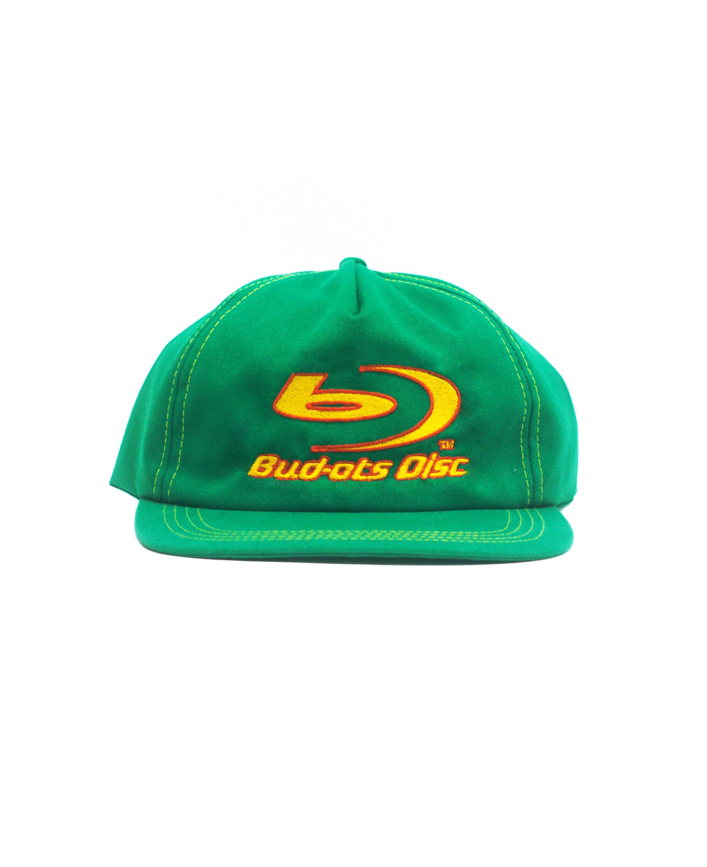 A bright green flat-brim Snapback cap with a yellow and orange embroidered Bud-ots Disc logo on the front, set against a plain white background.