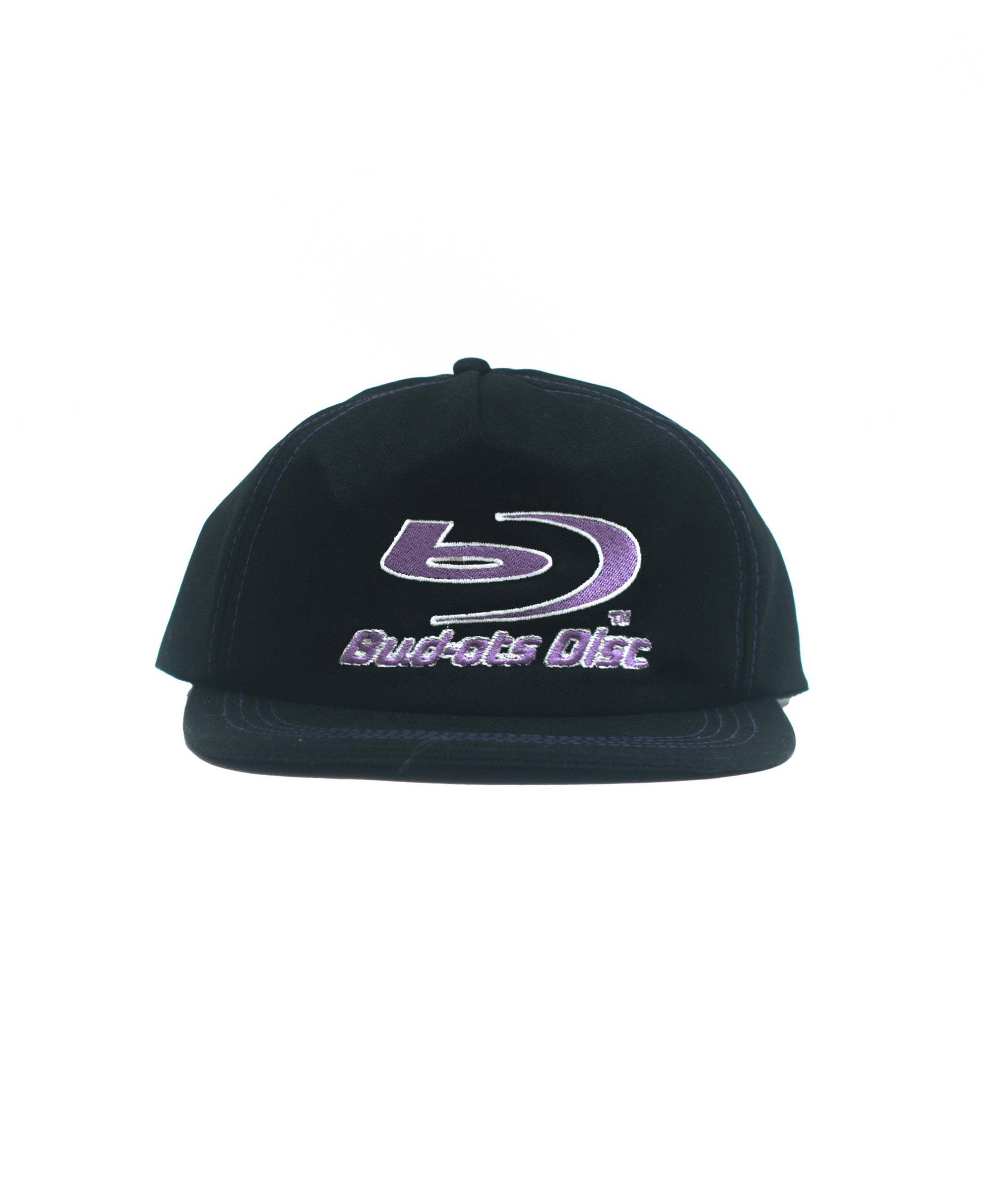 Black flat-brim Snapback cap with a purple and white embroidered Blu-ray Disc logo on the front, set against a plain white background.